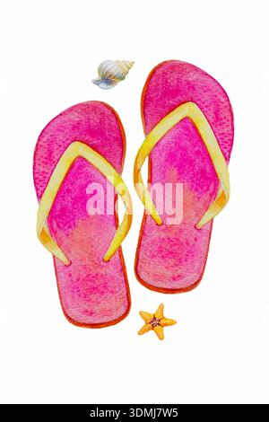 Travel summer time with sea beach slippers.  Watercolor painting illustration of pair of sandals, starfish, shellfish on white background, collection Stock Photo