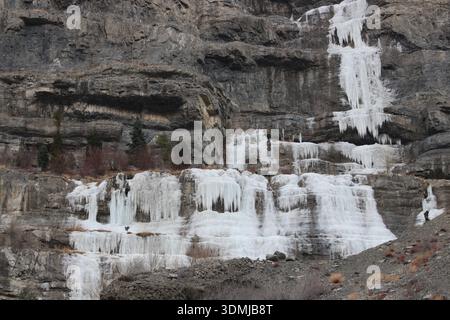 Natural Ice Formations Covering a Sheer Rock Face Stock Photo