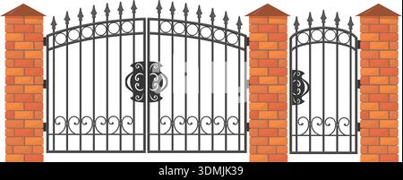 Decorative gates in brick barrier. Antique retro doorway isolated on white background Stock Vector