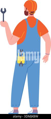 Repairman character. Man hold spanner tool icon isolated on white background Stock Vector