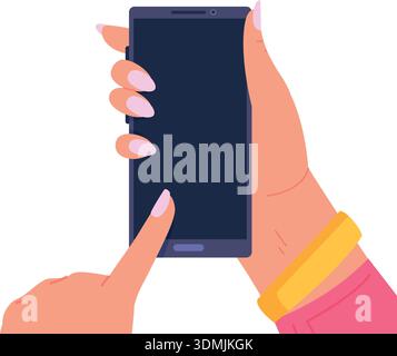 Smartphone in female hands. Woman touch black screen isolated on white background Stock Vector