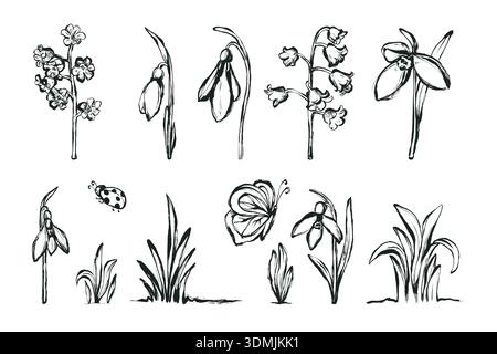 Spring Grunge Black Flowers, Hand drawn Snowdrop Icons. Scribble ink botanical plants symbols. Marker romantic and doodle herbs perfect for Valentines Stock Vector