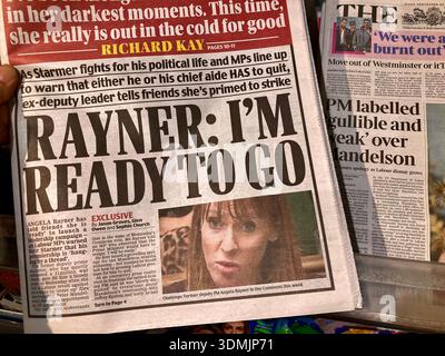 British newspapers report Angela Rayner ready to launch a leadership campaign to replace Keir Starmer because of Peter Mandelson's scandal Stock Photo