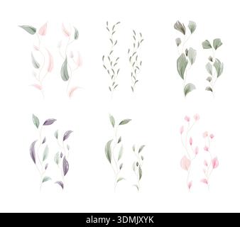 A collection of six delicate watercolor leaf illustrations showcasing varying green, pink, gray, and purple hues. Stock Vector
