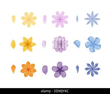 Collection of vibrant watercolor flowers and individual petals arranged neatly on a white background. Features various shades of yellow, orange, purple, and blue blossoms and parts. Stock Vector