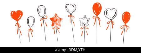 Set of hand drawn doodle happy birthday balloons. Heart, star shape foil balloon with coquettish ribbon bow. Valentines Day, wedding, carnival bachelo Stock Vector