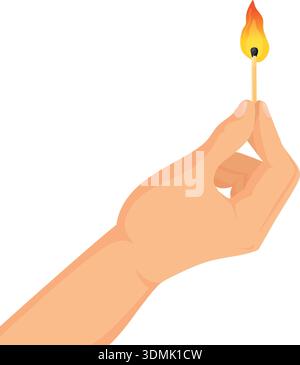 Burning matchstick in human hand. Fire light icon isolated on white background Stock Vector