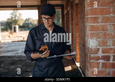 Documents and leveler tool are in hands. Builder is working on construction site, unfinished building. Stock Photo
