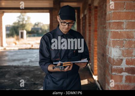 Documents and leveler tool are in hands. Builder is working on construction site, unfinished building. Stock Photo