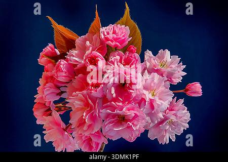 CHERRY BLOSSOM BOUQUET - A 100 SHOT IMAGE FOCUS STACK FOR LARGE DEPTH OF FIELD AND HIGH BLOSSOM DETAIL WITH DARK BLUE BACKGROUND FOR COPY SPACE Stock Photo