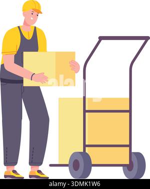 Worker loading warehouse trolley with cardboard boxes cartoon icon isolated on white background Stock Vector