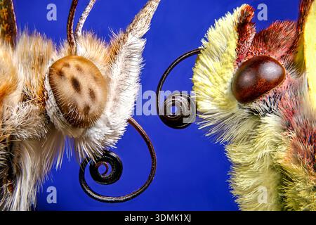 ULTRA CLOSE UP  - BRIMSTONE AND PAINTED LADY BUTTERFLIES MEET FACE TO FACE - A FOCUS STACK OF 200 IMAGES GIVING EXTREME DETAIL OF COMPOUND EYES ETC. Stock Photo