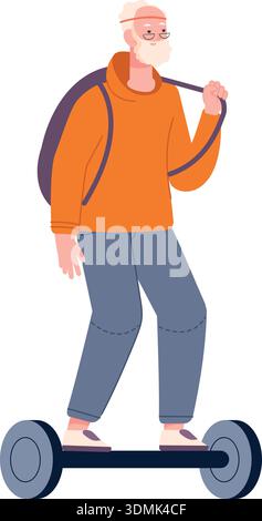 Old man ride gyroscooter. Active senior character isolated on white background Stock Vector