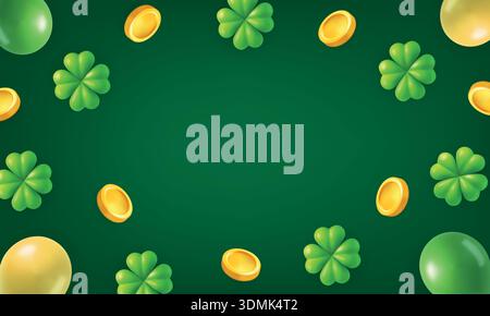 St. Patricks Day illustration with shamrocks and gold coins on green background Stock Vector