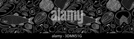 Seamless pattern with vegetables, pasta and fish Stock Vector