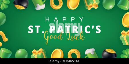 Happy St. Patricks Day festive frame banner with lucky symbols - coins, beer, balloons, and gifts on green background Stock Vector
