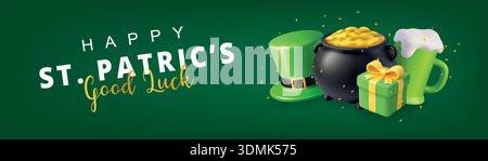 St. Patricks Day horizontal banner with festive 3D icons and golden confetti on dark green background Stock Vector