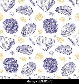 Fish and pasta hand drawn seamless pattern Stock Vector