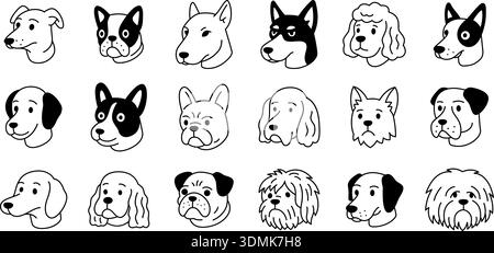 Cartoon dog heads set. Different dog breeds icons collection for pet design, kids illustrations and stickers Stock Vector