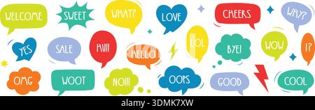 Comic style colorful speech bubbles with text. Fun doodle talk balloons for pop art, chat design, comics, and creative communication projects Stock Vector