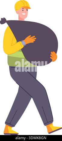 Garbage transportation worker. Man carry black bag isolated on white background Stock Vector