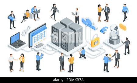 isometric vector data center with server and computer and business people and robot, in color on white background, it developers and programmers Stock Vector