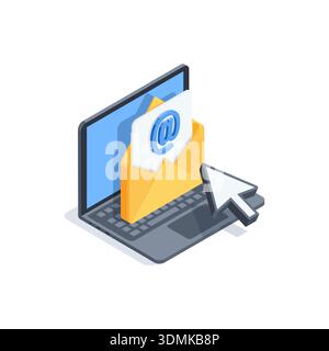Isometric vector icon of laptop and open envelope with arrow pointer, in color on white background, receiving or sending email Stock Vector