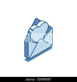 isometric vector linear icon of open envelope and heart inside, in color on white background, personal message from loved one or congratulation Stock Vector