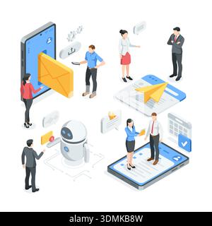 isometric vector business people sending and reading business correspondence on the internet and also chat bot, in color on a white background, workin Stock Vector