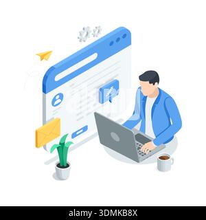 isometric vector business man with cup of coffee typing email on laptop, in color on white background, typing text or working with email in office Stock Vector