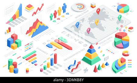 Isometric vector set of charts and elements for infographics with world map and icons, in color on white background, statistical data for presentation Stock Vector