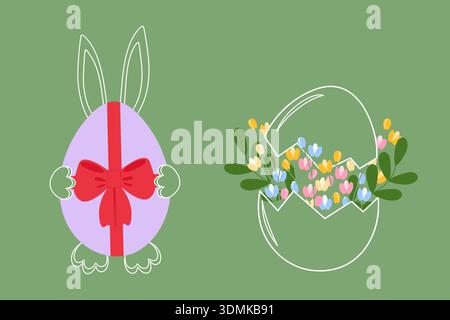 Outline Easter Bunny behind Egg with tied bow and Crack eggshell with Flowers and twigs Sticker Icon. Easter Greetings Themed Cards Minimalistic Flat design elements Poster, banner, price tag, leaflet Stock Vector