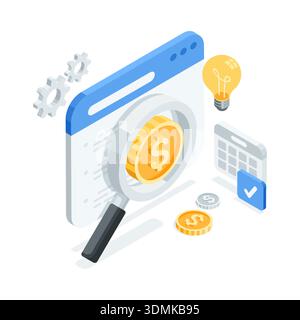 isometric vector program window and magnifying glass with coin, in color on white background, money search or financial audit Stock Vector