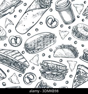 Seamless street food pattern with hand drawn drinks and snacks in sketch style. Decorative design for cafe or bar menu, packaging, wrapping paper, tex Stock Vector