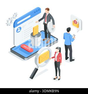 isometric vector business man throwing envelope into trash bin on smartphone screen and woman studying letter through magnifying glass and man with sm Stock Vector