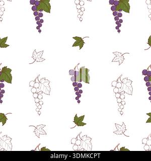 Blackcurrant Seamless Pattern. Botanical White Background with Mixed Color and Line Art Currant Branches, Berries with Leaves. Repeatable Fruit templa Stock Vector