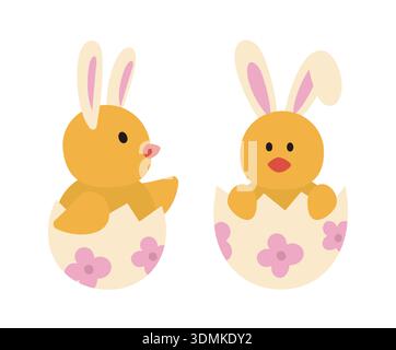 Easter chicks with bunny ears on their heads. Set of Easter Chick Sitting in Eggshells Flat Vector Illustration. Stock Vector