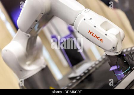Munich, Germany. 04th Feb, 2026. The Kuka logo and lettering can be seen on the arm of a robot in Munich (Bavaria, Germany). The company Kuka SE & Co. KGaA, based in Augsburg, Germany, is a leading global supplier of intelligent automation solutions and industrial robots. (symbol image, symbol photo, illustration, symbolic photo, illustrative photo, theme image, general image, theme photo) Credit: Matthias Balk/dpa/Ģ����ý Live News Stock Photo