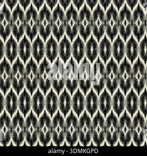 A high-contrast, black and white distressed geometric ikat seamless vector pattern featuring interlocking ogee diamonds. Ideal for modern fabrics, wal Stock Vector