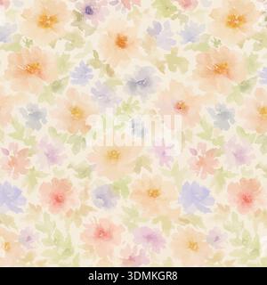 A dreamy, elegant watercolor seamless pattern featuring delicate pink, purple, blue, and orange pastel flowers with soft green leaves. Ideal for moder Stock Vector