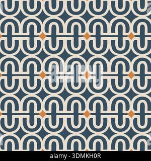 An elegant, modern vector seamless pattern in Art Deco style, featuring an interlocking arch or chain link geometric motif in teal blue, cream, Stock Vector