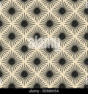 A high-contrast, distressed vector seamless pattern in an Art Deco or Mid-Century Modern style, featuring a repeating black sunburst or fan motif, Stock Vector