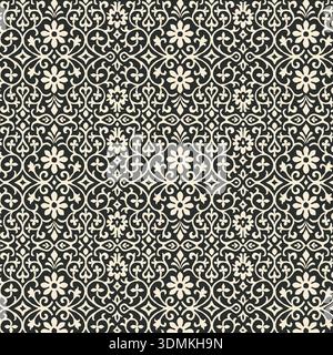 An elegant, high-contrast vector seamless damask pattern in black and cream, featuring an intricate, symmetrical floral and arabesque motif. Ideal for Stock Vector