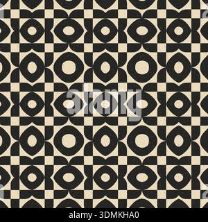 A bold, high-contrast vector seamless pattern in black and white, featuring an abstract geometric grid of squares and interlocking circles with a subt Stock Vector