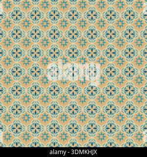Seamless geometric pattern with retro Moroccan tile style. Elegant Mediterranean design in teal and beige tones, ideal for wallpaper, fabric, and pack Stock Vector