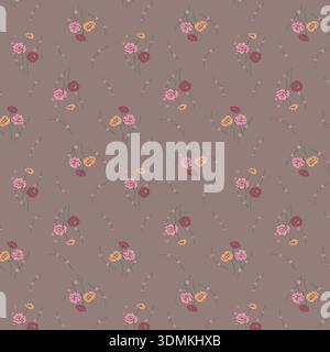 Pastel floral scatter seamless pattern on a taupe background. Vector illustration for fabric, wallpaper, textiles, and various commercial design proje Stock Vector