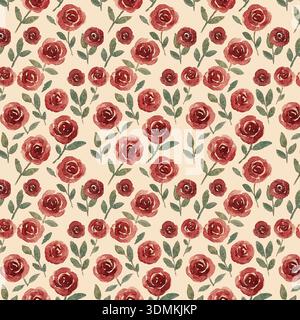 Romantic hand-painted watercolor seamless pattern featuring deep red roses and green leaves on a soft beige background. Ideal for vintage fabric, Stock Vector
