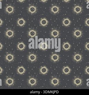 A seamless celestial sunburst pattern on a dark background. Vintage cosmic star vector illustration ideal for wallpaper, fabric, and design projects. Stock Vector
