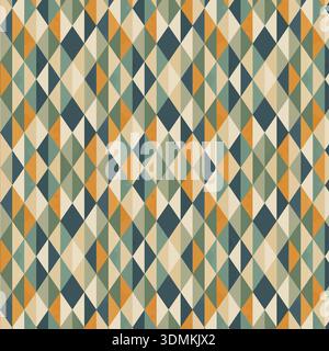 Seamless mid-century modern geometric pattern. A retro vector illustration with overlapping diamond and triangle shapes in teal, orange, and beige Stock Vector
