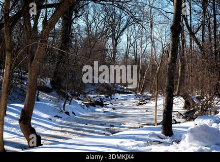Sligo Creek Park under deep snow conditions in February 2026. Stock Photo